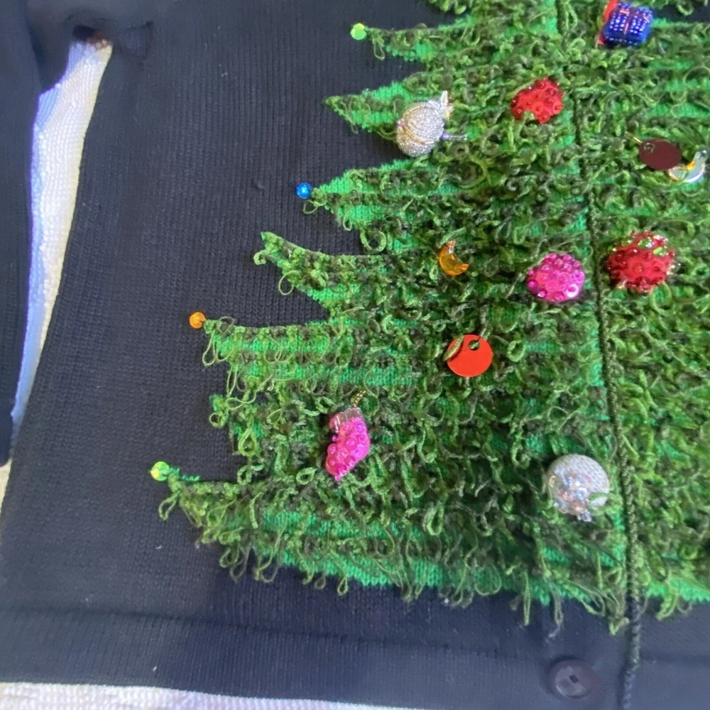 Berek 2 Sweater Christmas Tree 3D Sz S VTG Takako Saxon‎ Black Button Down Front